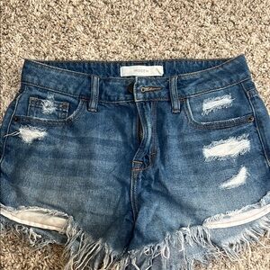 Blue Distressed Jean Shorts with Frayed Hems